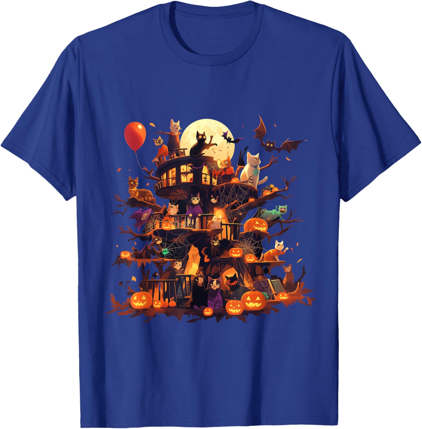 Cat Pumpkin Haunted House Horror Halloween Gifts Women Kids T-Shirt - T-Shirt | Royal