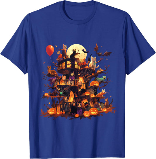 Cat Pumpkin Haunted House Horror Halloween Gifts Women Kids T-Shirt - T-Shirt | Royal