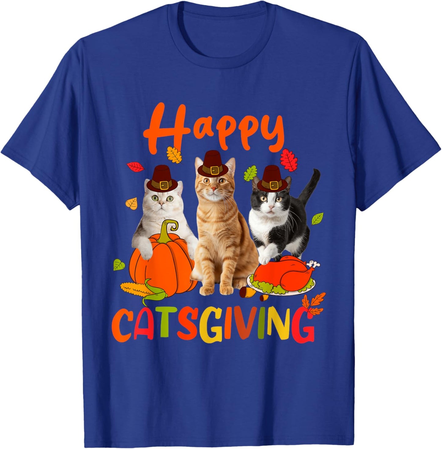 Happy Catsgiving Thanksgiving Kitten Cat Wears Pilgrim Hat T-Shirt - T-Shirt | Royal