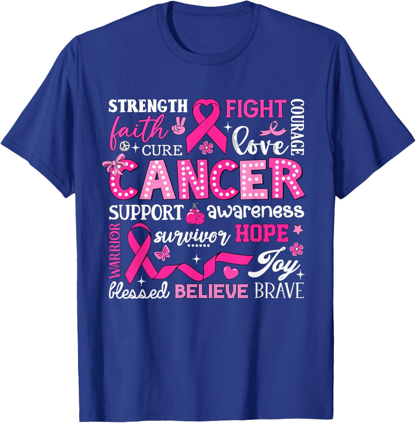 Breast Cancer Awareness Typography Pink Ribbon Bow T-Shirt - T-Shirt | Royal