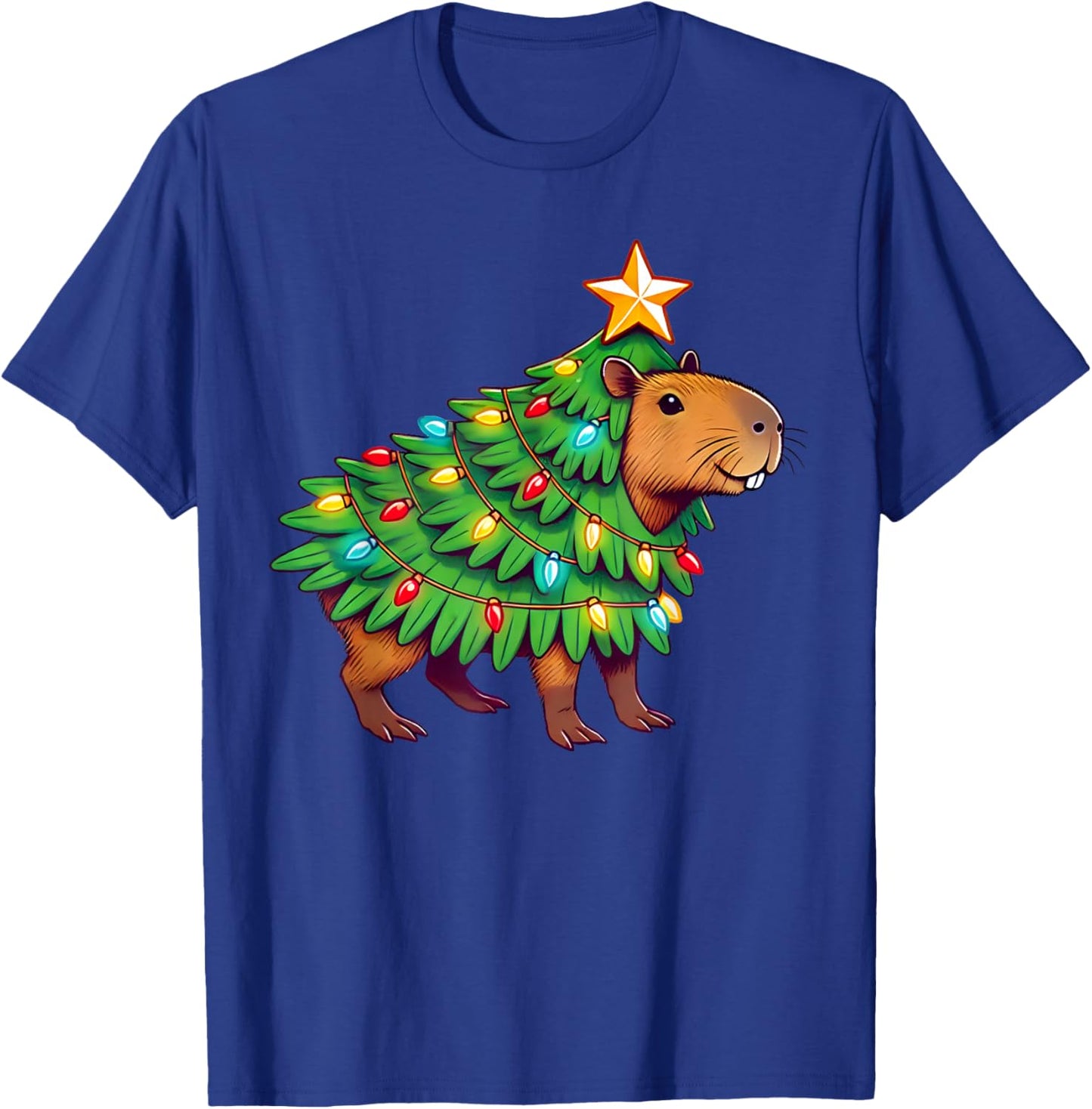 Capybara Christmas & Capypara Gifts -Adult Christmas Black Small Modern Capybara Print Round Collar Short Sleeve T-Shirt - T-Shirt | Royal