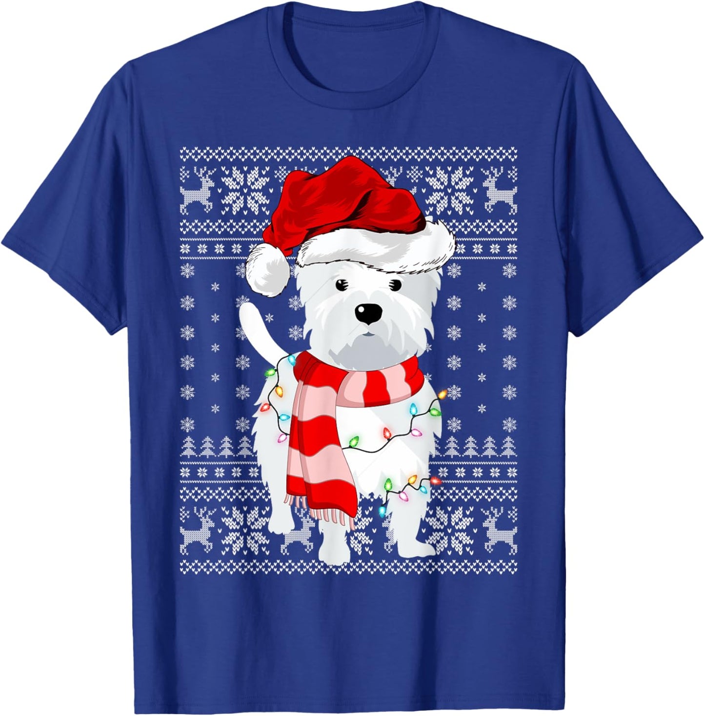 Ugly Sweater Xmas Lights Santa Hat Westie Dog Christmas Men Women Kids T-Shirt - T-Shirt | Royal
