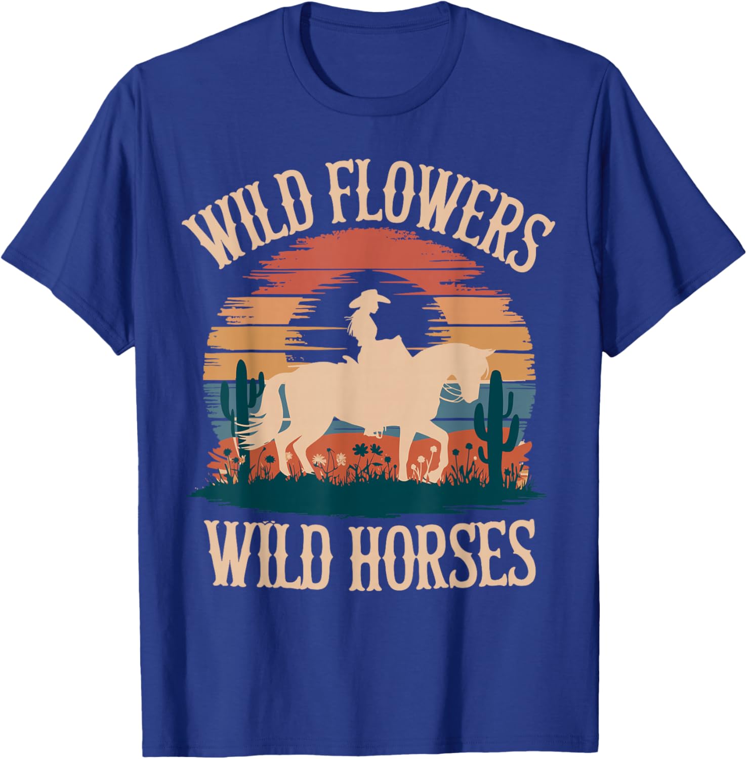 Vintage Sunset Western Country Wild Flowers - Wild Horses T-Shirt - T-Shirt | Royal