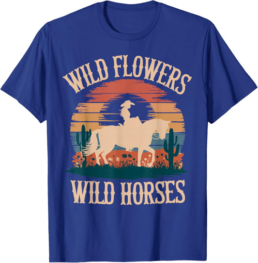 Vintage Sunset Western Country Wild Flowers - Wild Horses T-Shirt - T-Shirt | Royal