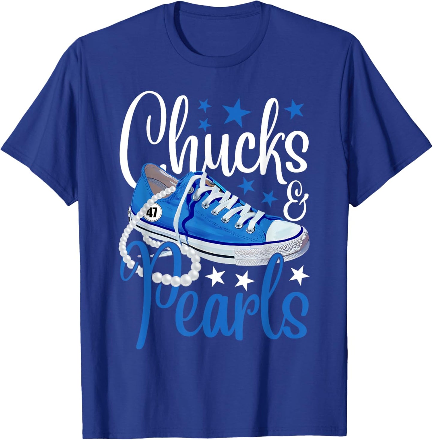 Chucks And Pearls Kamala Harris 2024 USA President 47 Blue T-Shirt - T-Shirt | Royal