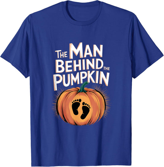 The Man Behind The Pumpkin New Dad Pregnancy Funny Halloween T-Shirt - T-Shirt | Royal