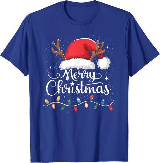 Merry Christmas Red Santa Hat Reindeer Xmas Family Men Women T-Shirt - T-Shirt | Royal