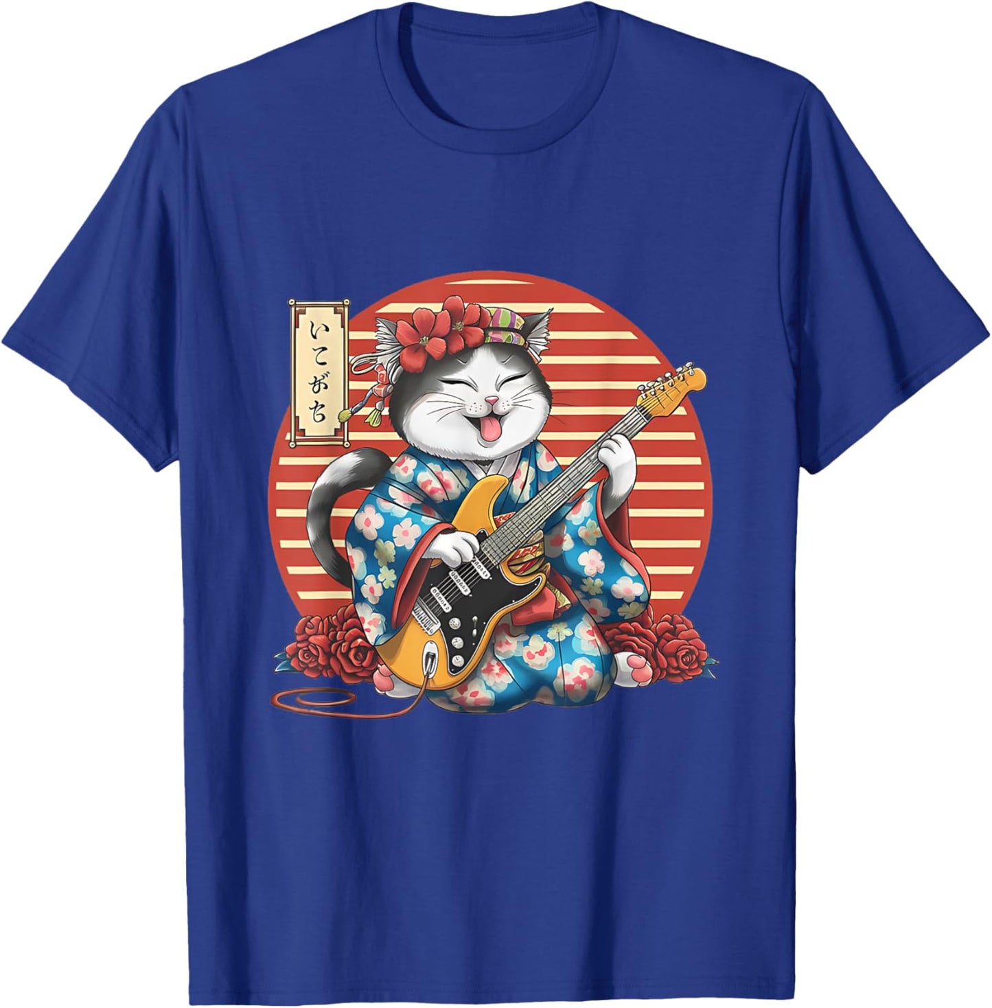 Japanese Samurai Cat Guitar Kawaii Kimono Manga T-Shirt - T-Shirt | Royal