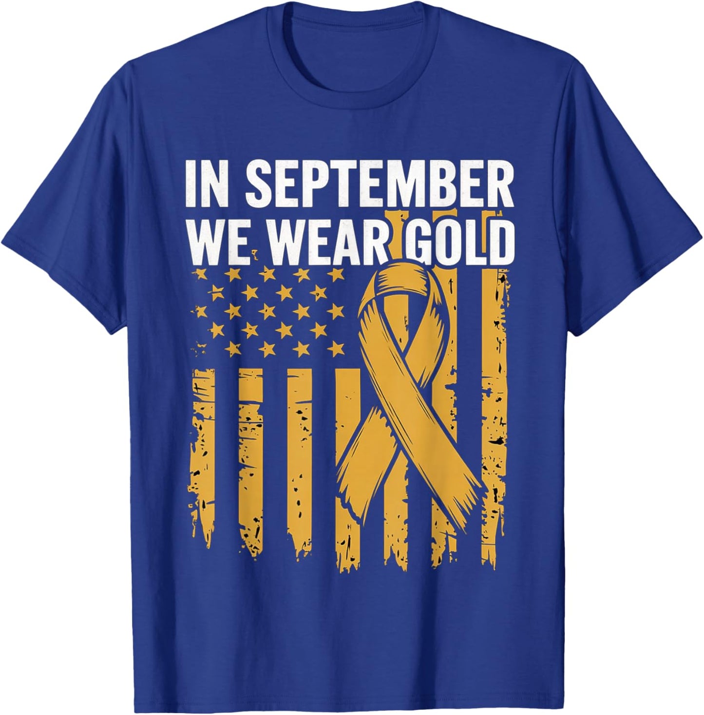 In September We Wear Gold Childhood Cancer Awareness Us Flag T-Shirt - T-Shirt | Royal