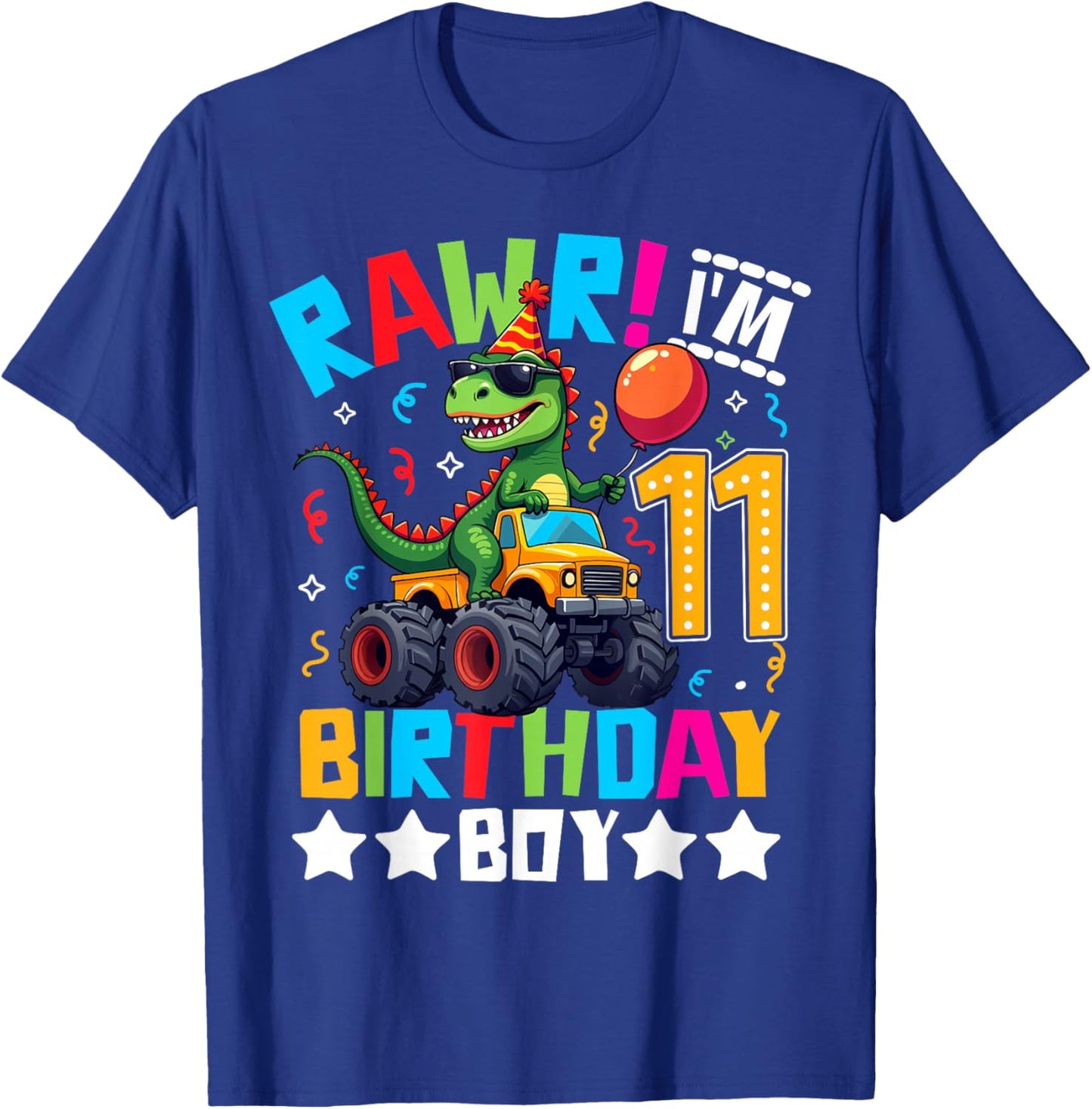 Monster Truck 11th Birthday Shirt Dinosaur Happy Bday T-rex T-Shirt - T-Shirt | Royal