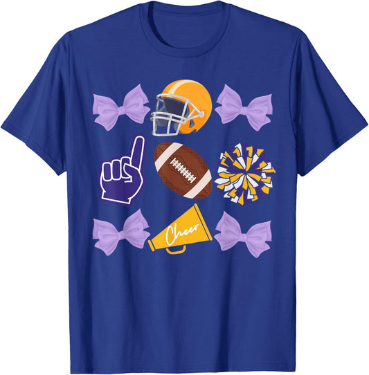 Coquette Bow Football Purple Gold Game Cheer Mom Touchdown T-Shirt - T-Shirt | Royal