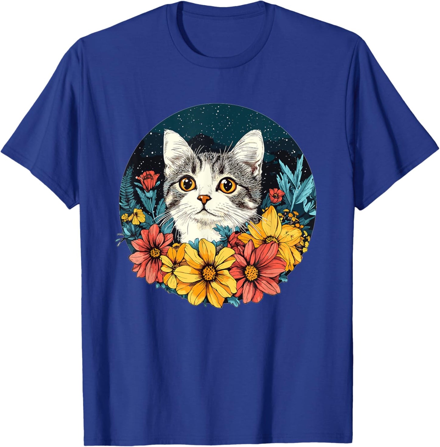 Cute Cat With Flowers Vintage Floral Art T-Shirt - T-Shirt | Royal