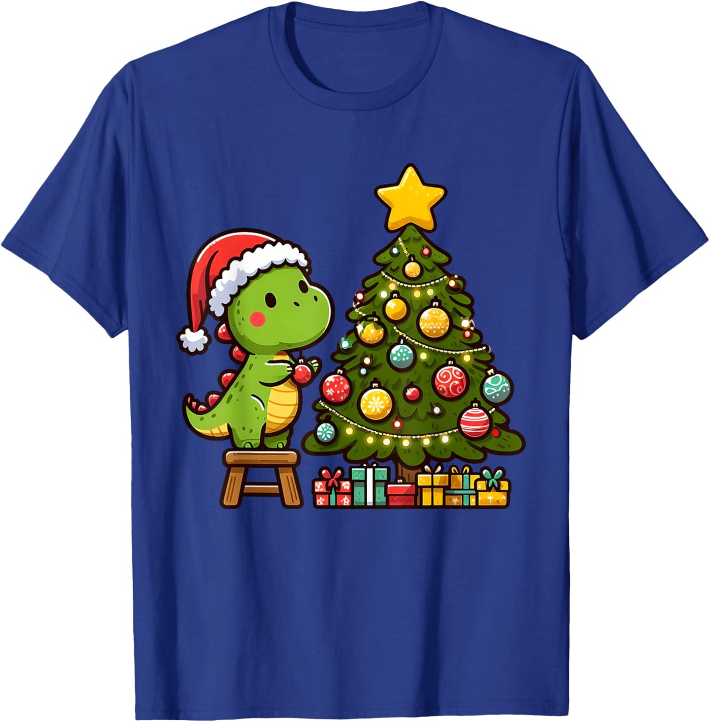 Cute T Rex Dinosaur Decorating Christmas Tree Xmas Holiday T-Shirt - T-Shirt | Royal