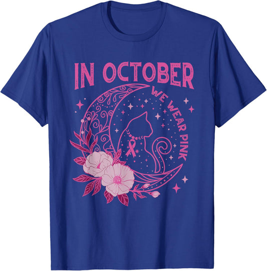 In October We Wear Pink Flower Cat Moon Women T-Shirt - T-Shirt | Royal