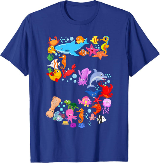 Under Sea 5 Five Year Kids 5th Birthday Party Ocean Animals T-Shirt - T-Shirt | Royal