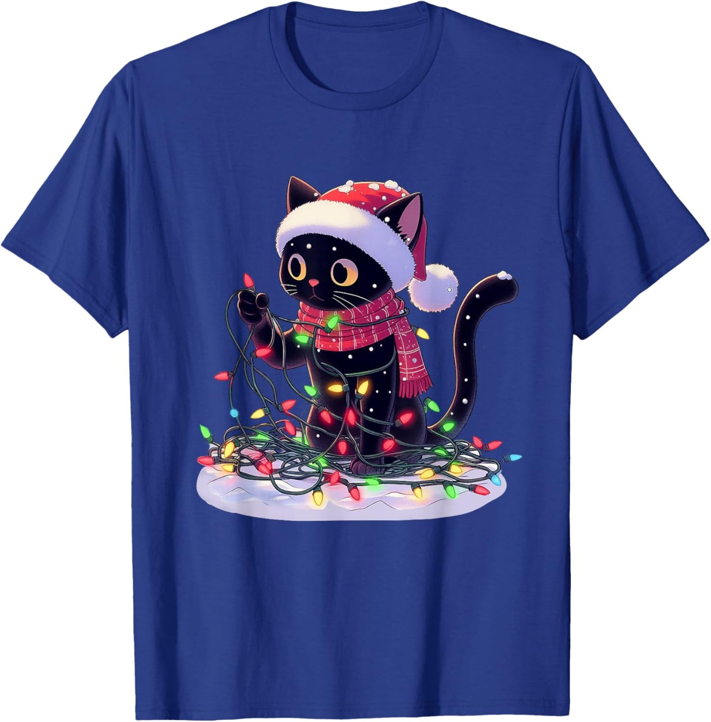 Black Cat Santa Tangled Up In Christmas Tree Lights Holiday T-Shirt - T-Shirt | Royal