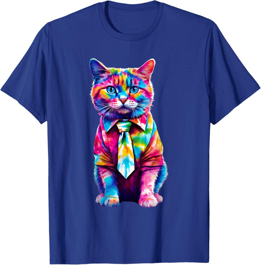 Colorful Rainbow Cat in Tie Dye Cute Funny Cat Lover Women Girls Kids T-Shirt - T-Shirt | Royal