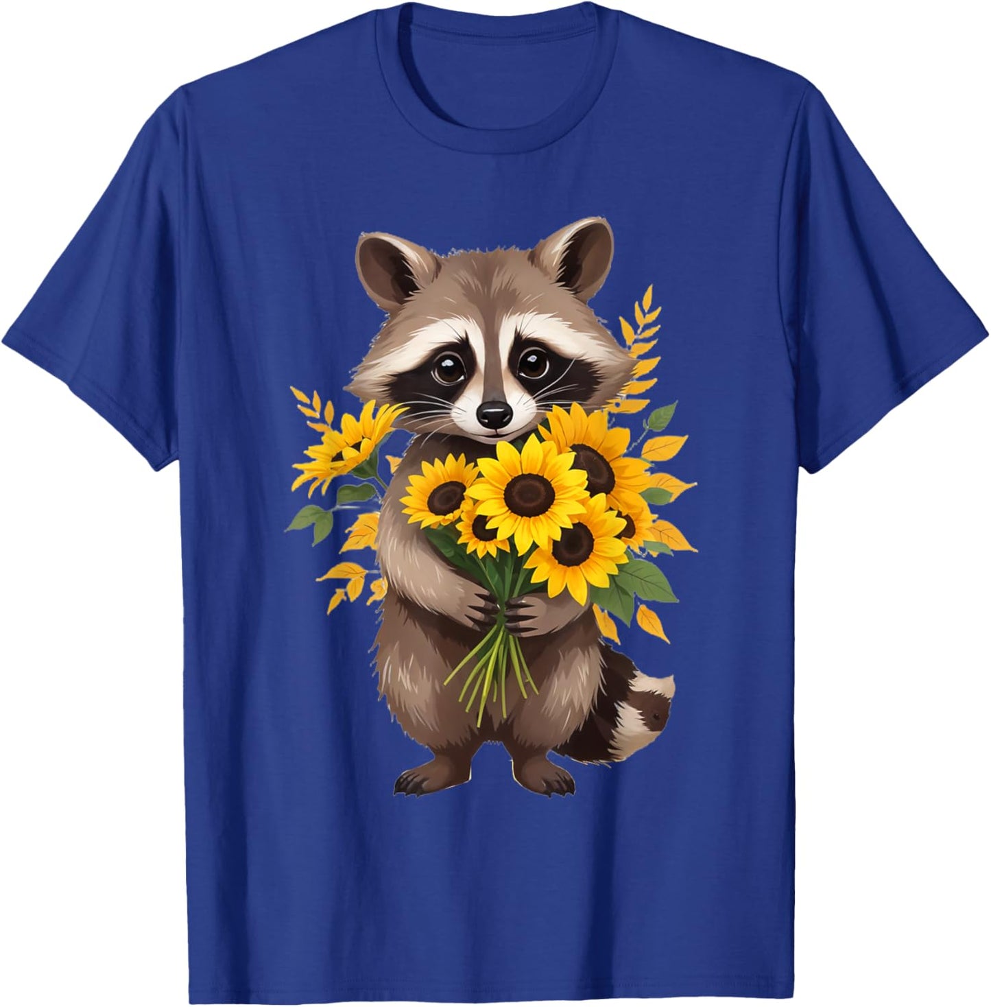 Raccoon Holding Sunflower Cute Flower Mothers Day T-Shirt - T-Shirt | Royal