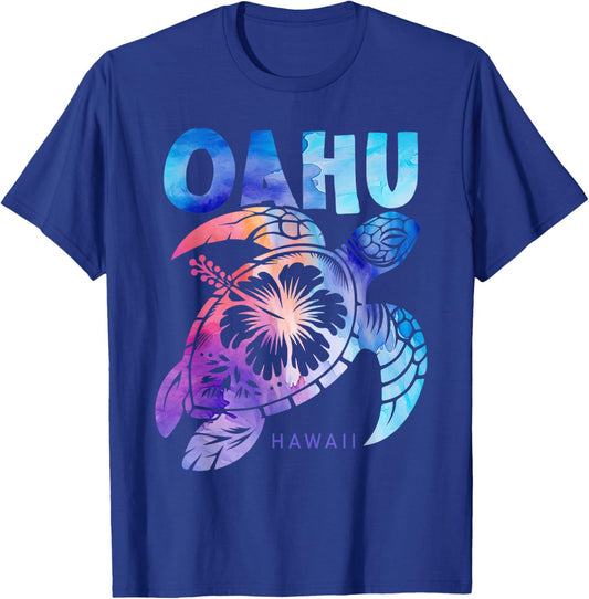 Oahu Tie Dye Sea Turtle Hibiscus Hawaii Vacation 2025 T-Shirt - T-Shirt | Royal