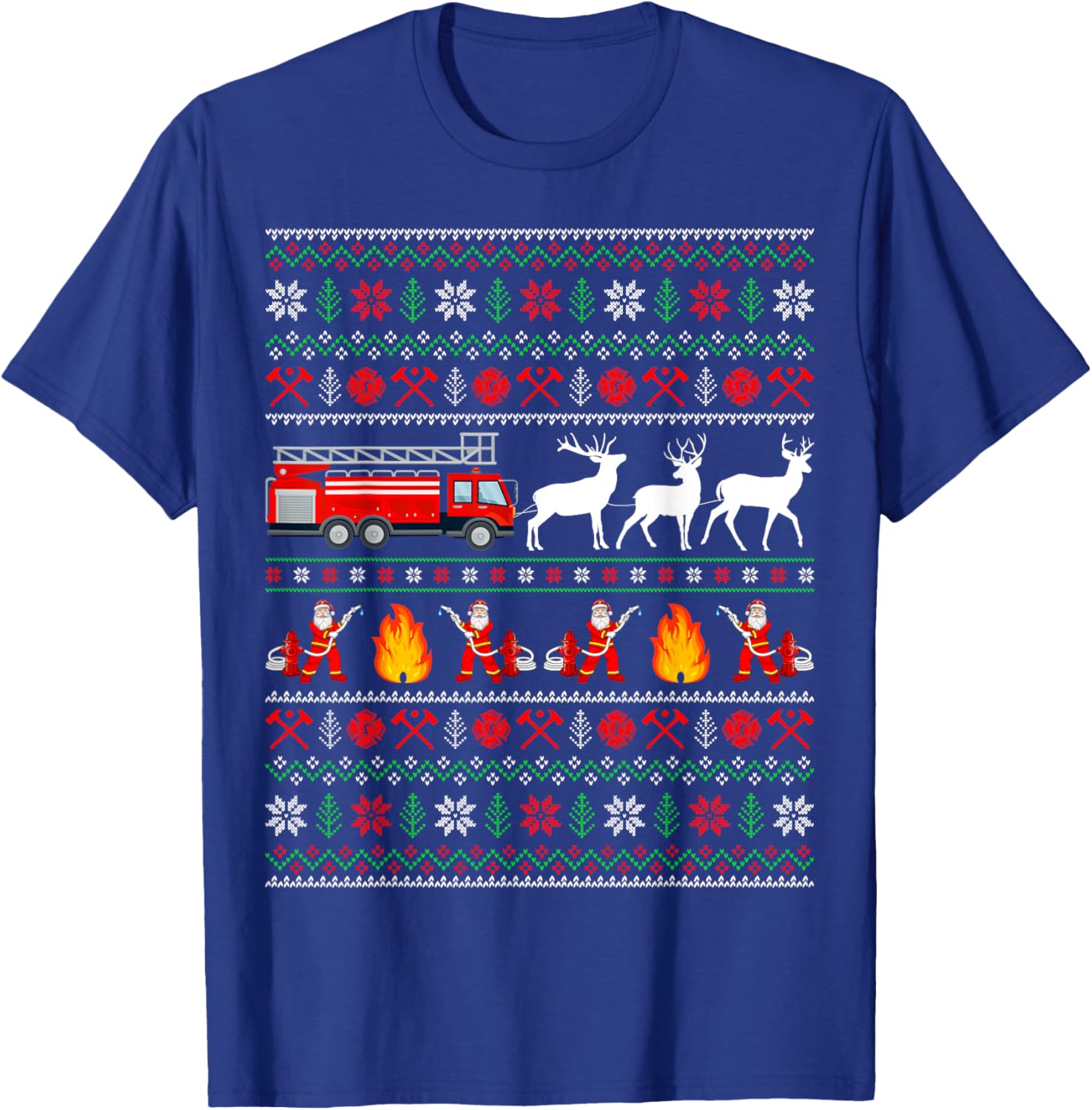 Fire Truck Reindeer Santa Ugly Sweater Firefighter Christmas T-Shirt - T-Shirt | Royal