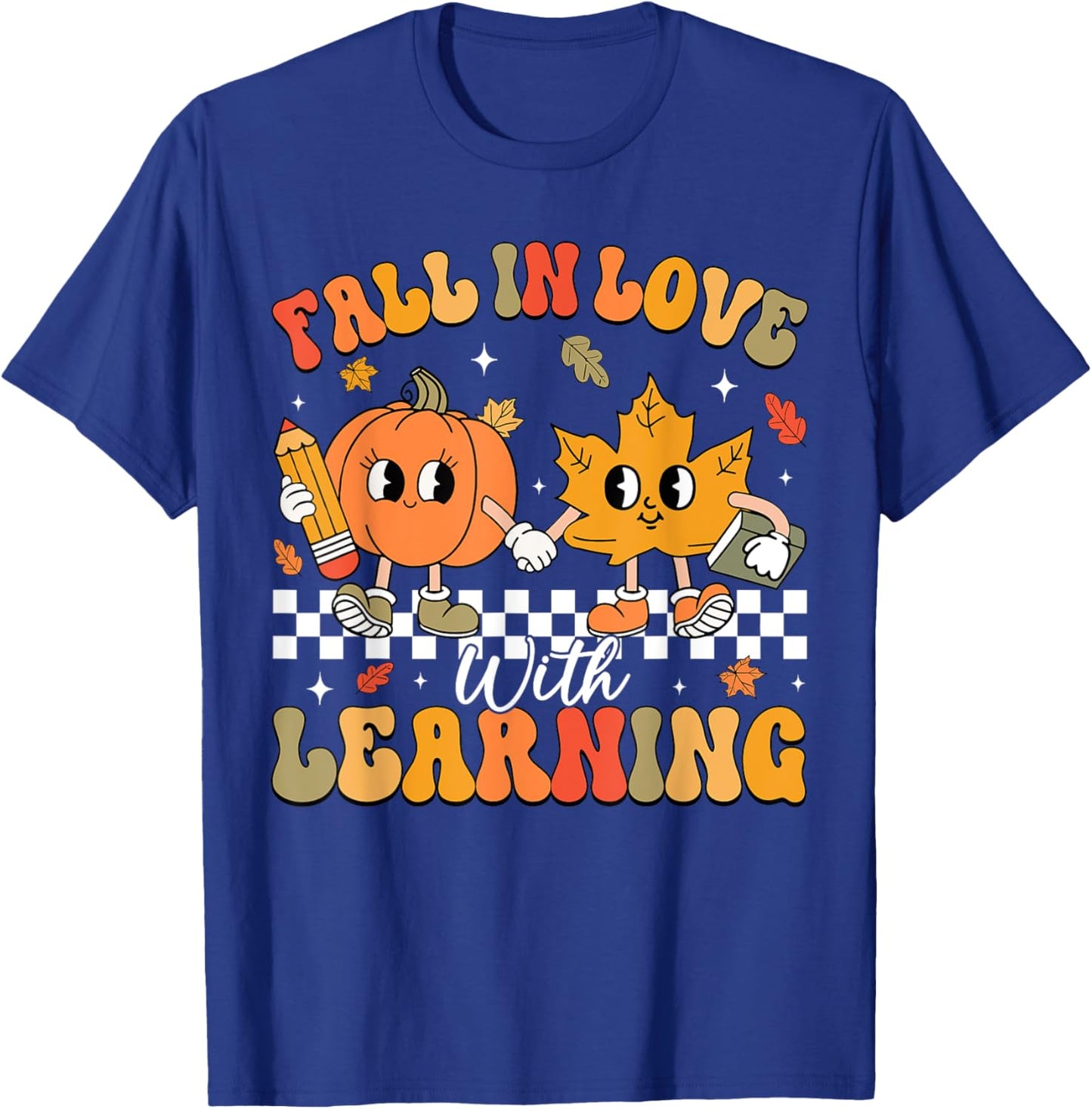 Retro Fall In Love With Learning Autumn Pumpkin Teacher T-Shirt - T-Shirt | Royal