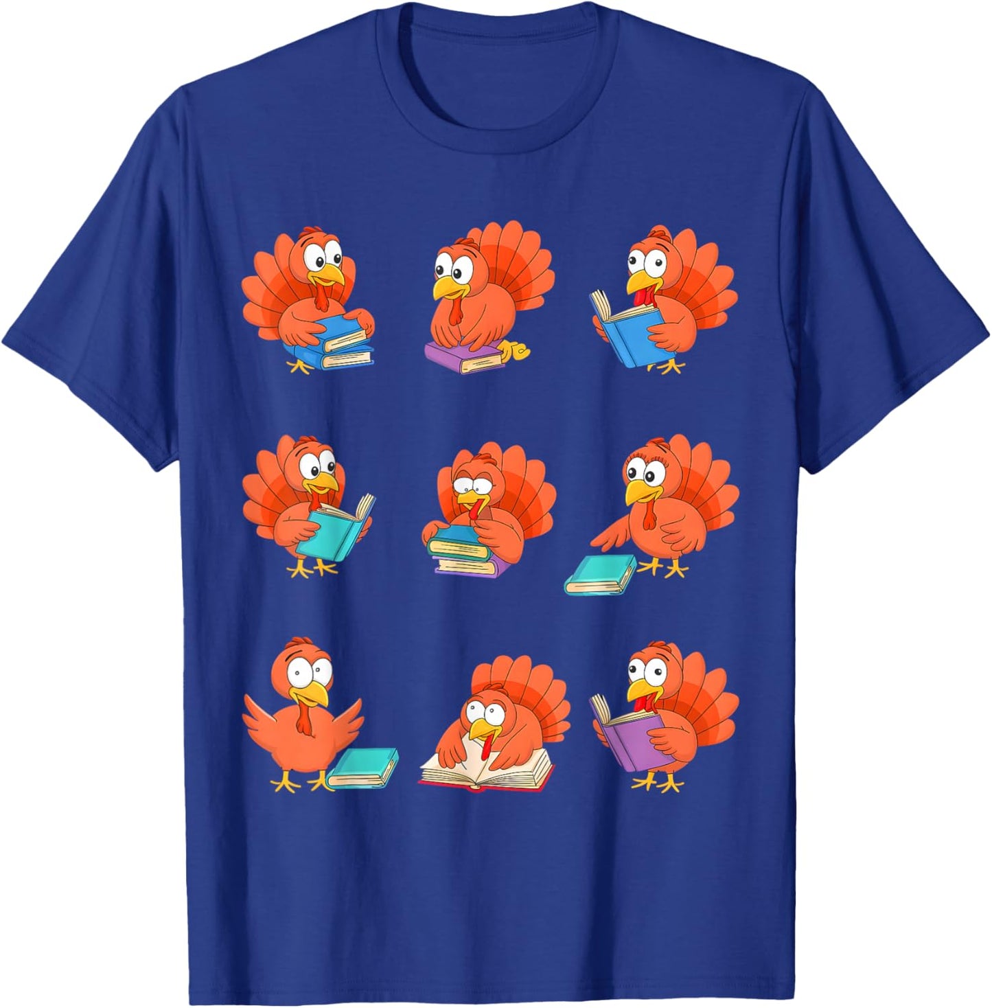 Cute Turkeys Reading Books Thanksgiving Books Lovers T-Shirt - T-Shirt | Royal