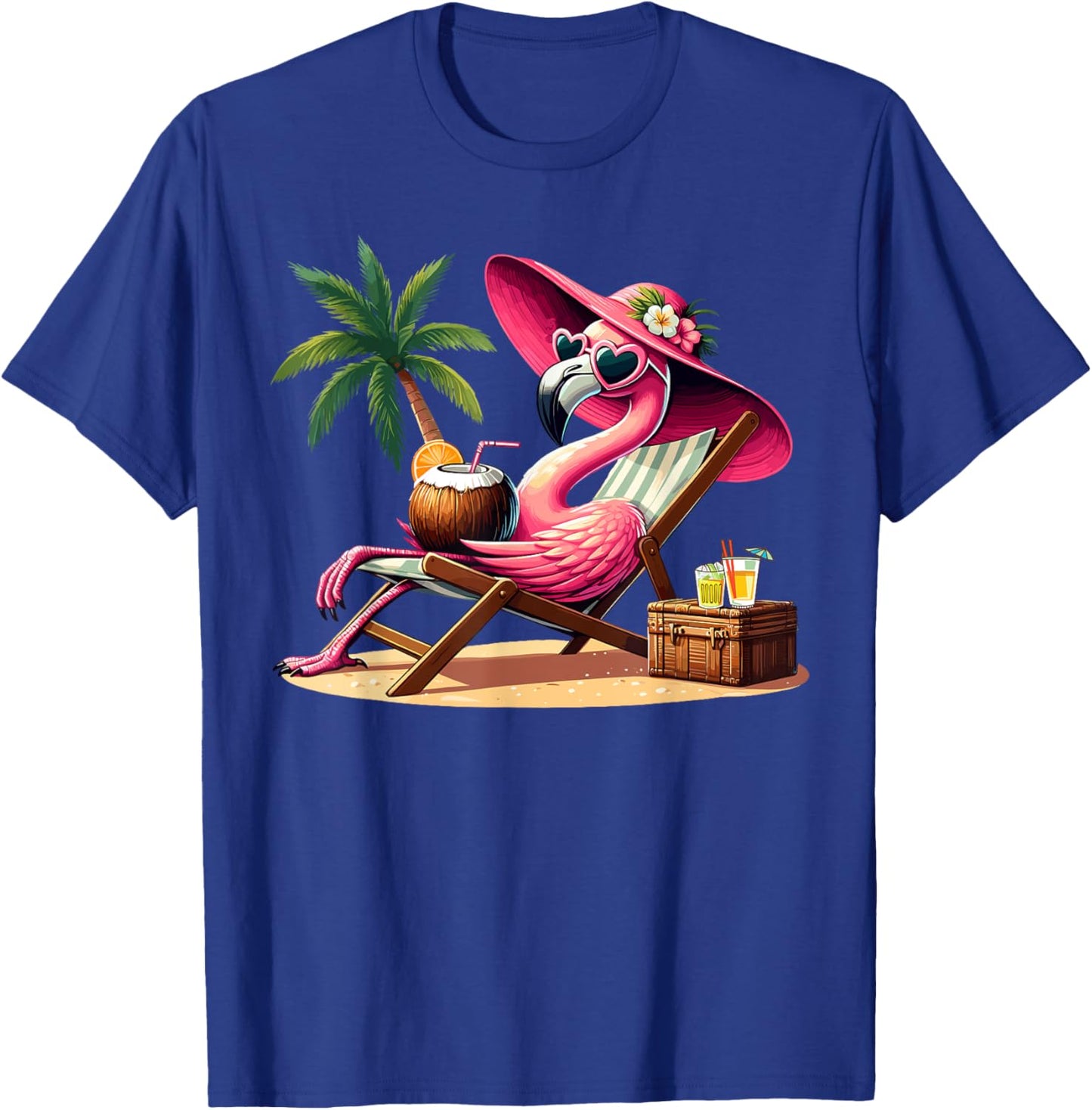 Pink Flamingo Summer Vibes Beach Palm Tree Summer Vacation T-Shirt - T-Shirt | Royal