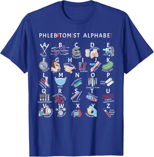 Phlebotomy Nurse Phlebotomist Alphabet Outfit -Adults Black Small Modern Letter Print T-Shirt - T-Shirt | Royal