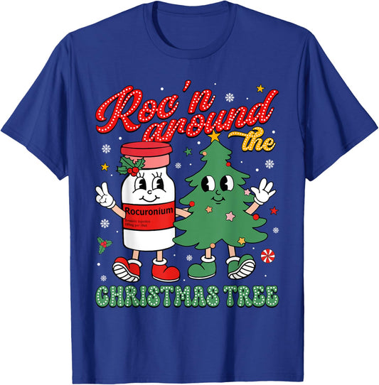 Christmas Nurse Squad Apparel HUG Roc'n Around The Christmas Tree ER ED ICU Nurse Christmas T-Shirt - T-Shirt | Royal
