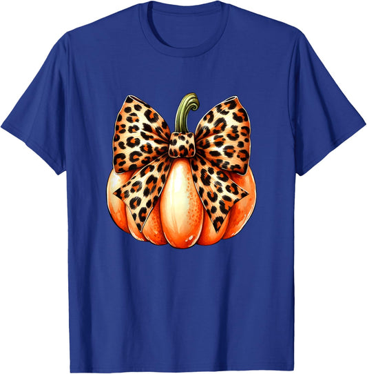 Coquette Bow Leopard Pumpkin Thanksgiving Rustic Fall Women T-Shirt - T-Shirt | Royal