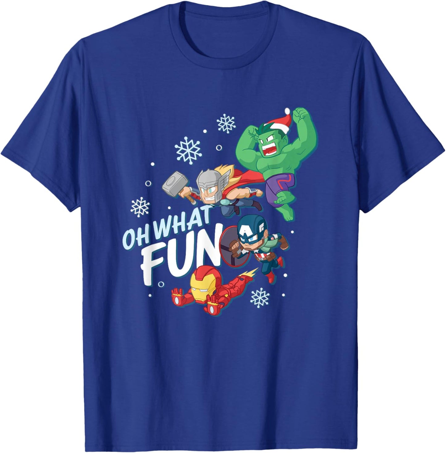Marvel Christmas Oh What Fun Cute Avengers Big Chest Logo T-Shirt - T-Shirt | Royal