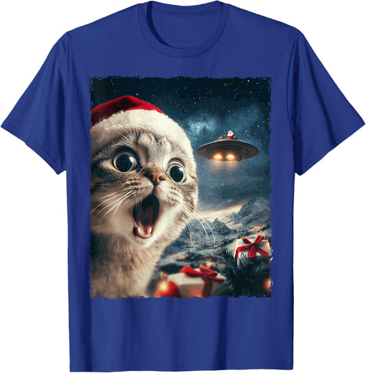 Funny Cat Selfie Santa Ufo Xmas Christmas Men Women Kids T-Shirt - T-Shirt | Royal