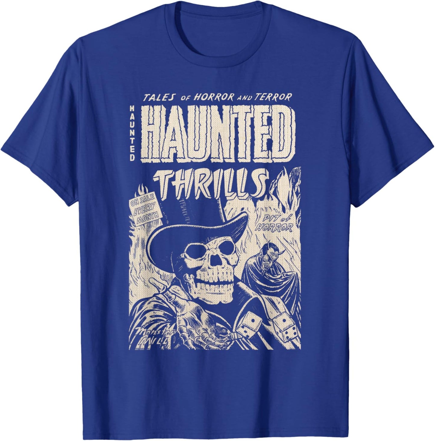 Vintage Master of Horror Skeleton Skull Haunted Thrills T-Shirt - T-Shirt | Royal