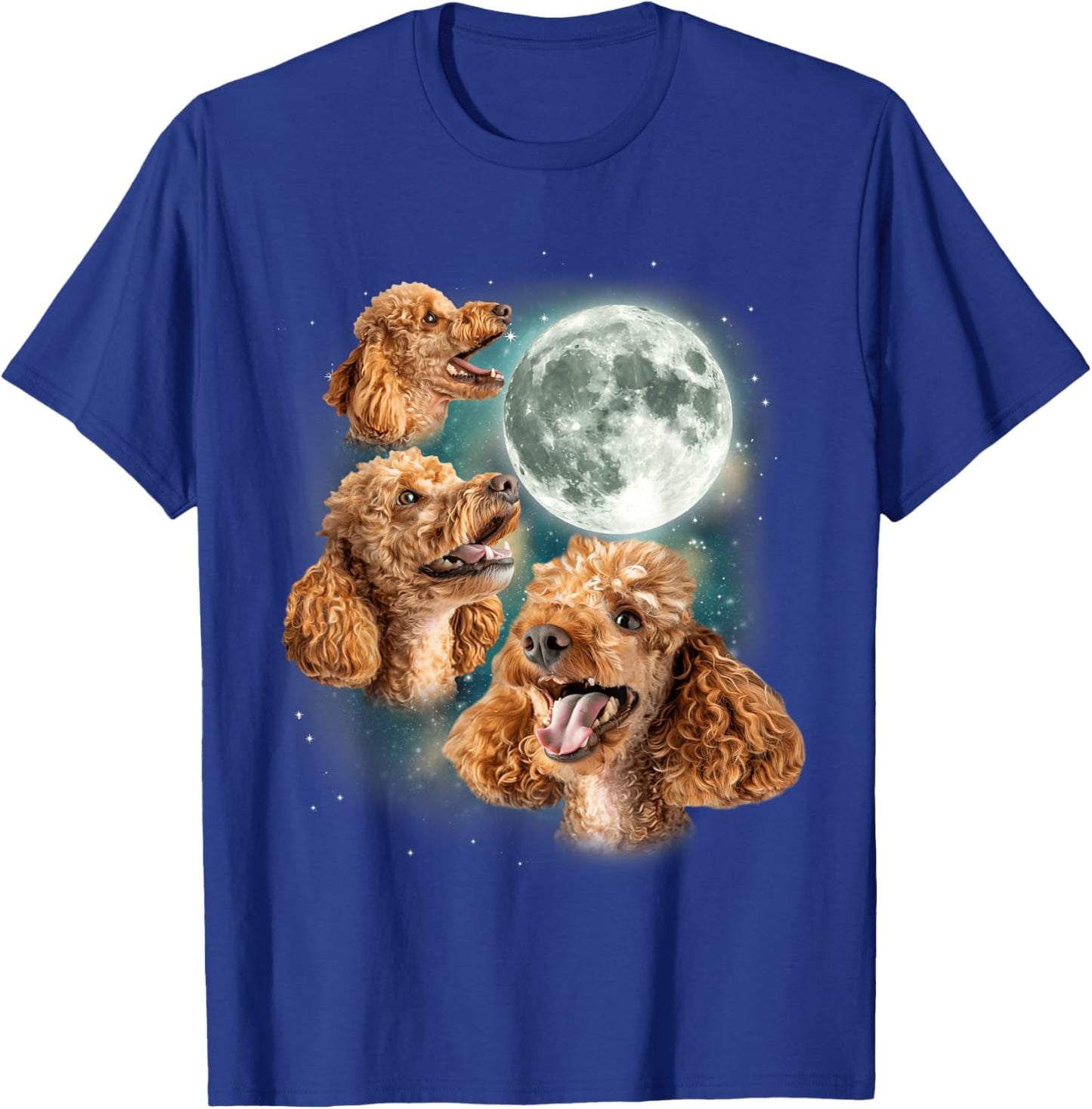 Three Poodle Moon | 3 Curly Canines Howling Weird Funny Meme T-Shirt - T-Shirt | Royal