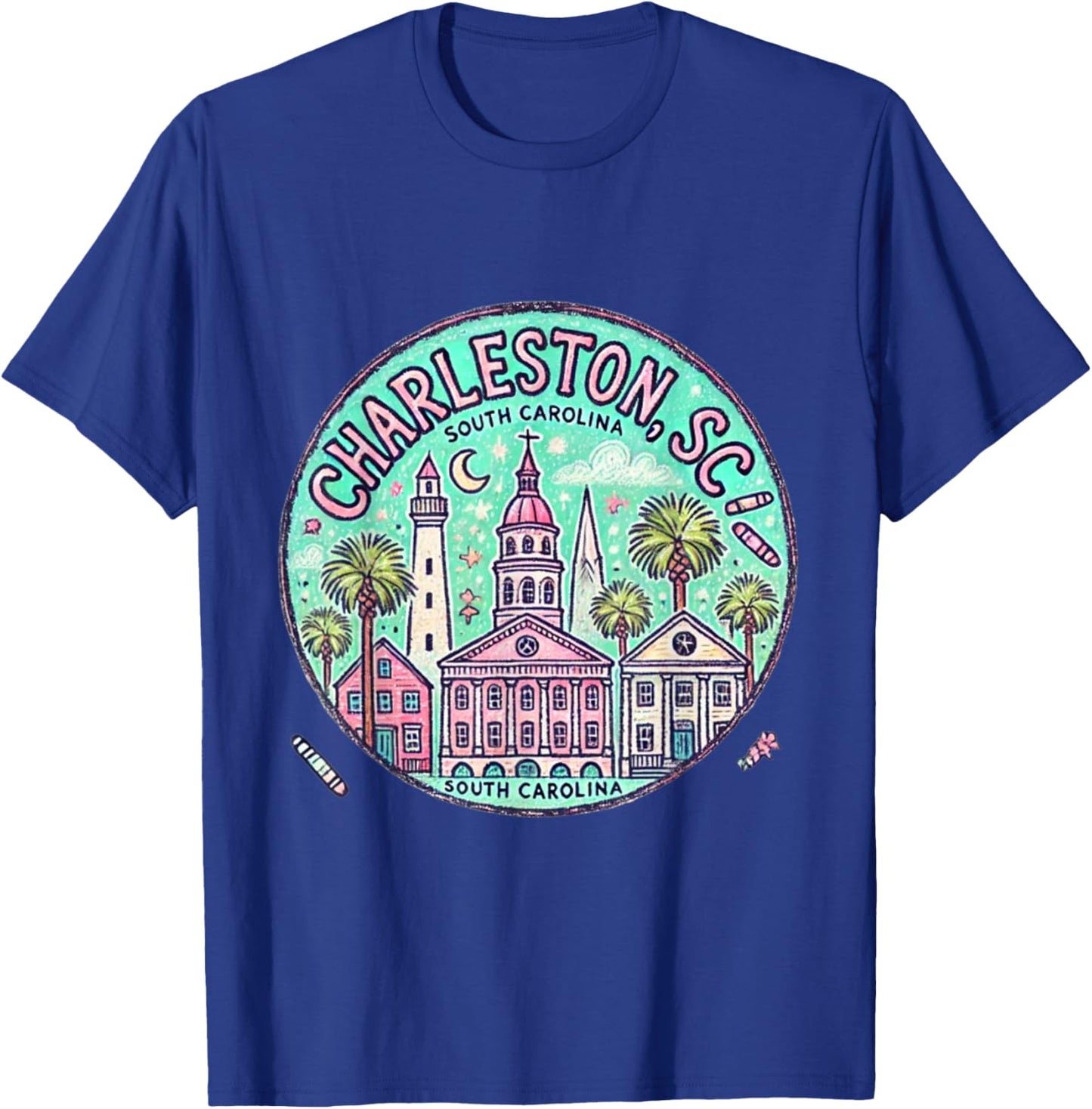 Charleston SC Rainbow Row in pastels trendy T-Shirt - T-Shirt | Royal