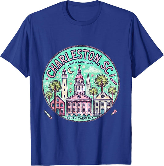 Charleston SC Rainbow Row in pastels trendy T-Shirt - T-Shirt | Royal