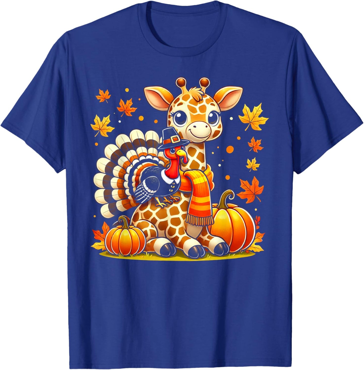 Thanksgiving Turkey Riding Giraffe With Fall Pumpkins T-Shirt - T-Shirt | Royal