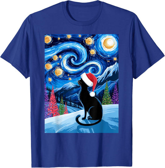 Van Gogh Christmas Cat Starry Night Black Cat Fans Santa Hat T-Shirt - T-Shirt | Royal
