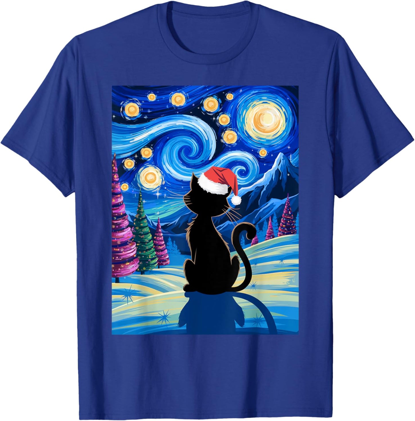 Christmas Van Gogh Cat Starry Night Black Cat Santa Hat Fans T-Shirt - T-Shirt | Royal