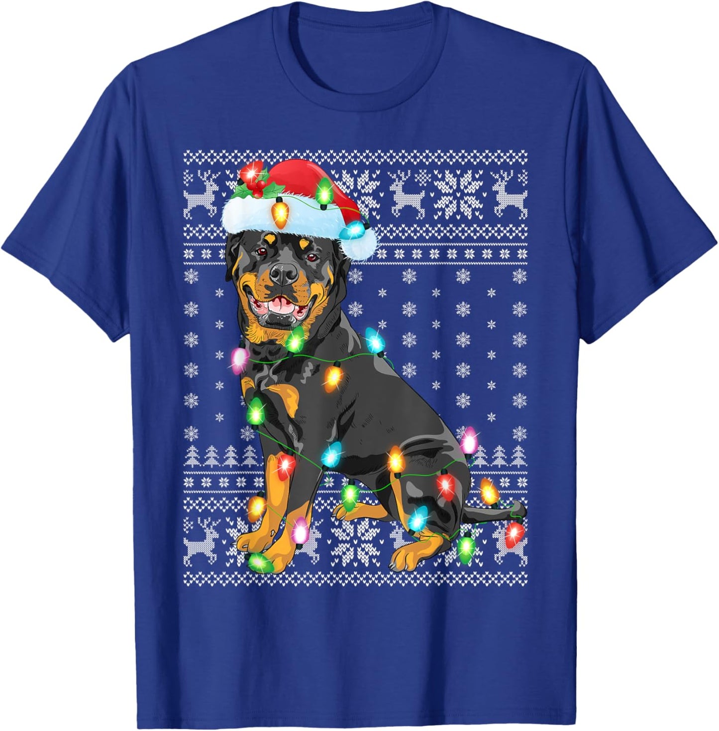 Ugly Sweater Xmas Lights Santa Hat Rottweiler Dog Christmas T-Shirt - T-Shirt | Royal