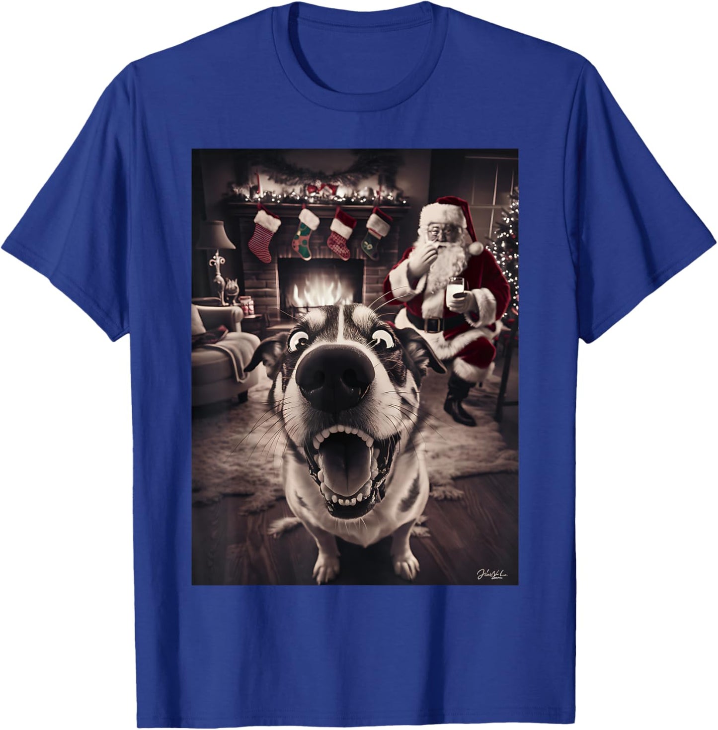 Funny Dog Selfie With Santa Xmas Christmas Women Girls Kids T-Shirt - T-Shirt | Royal