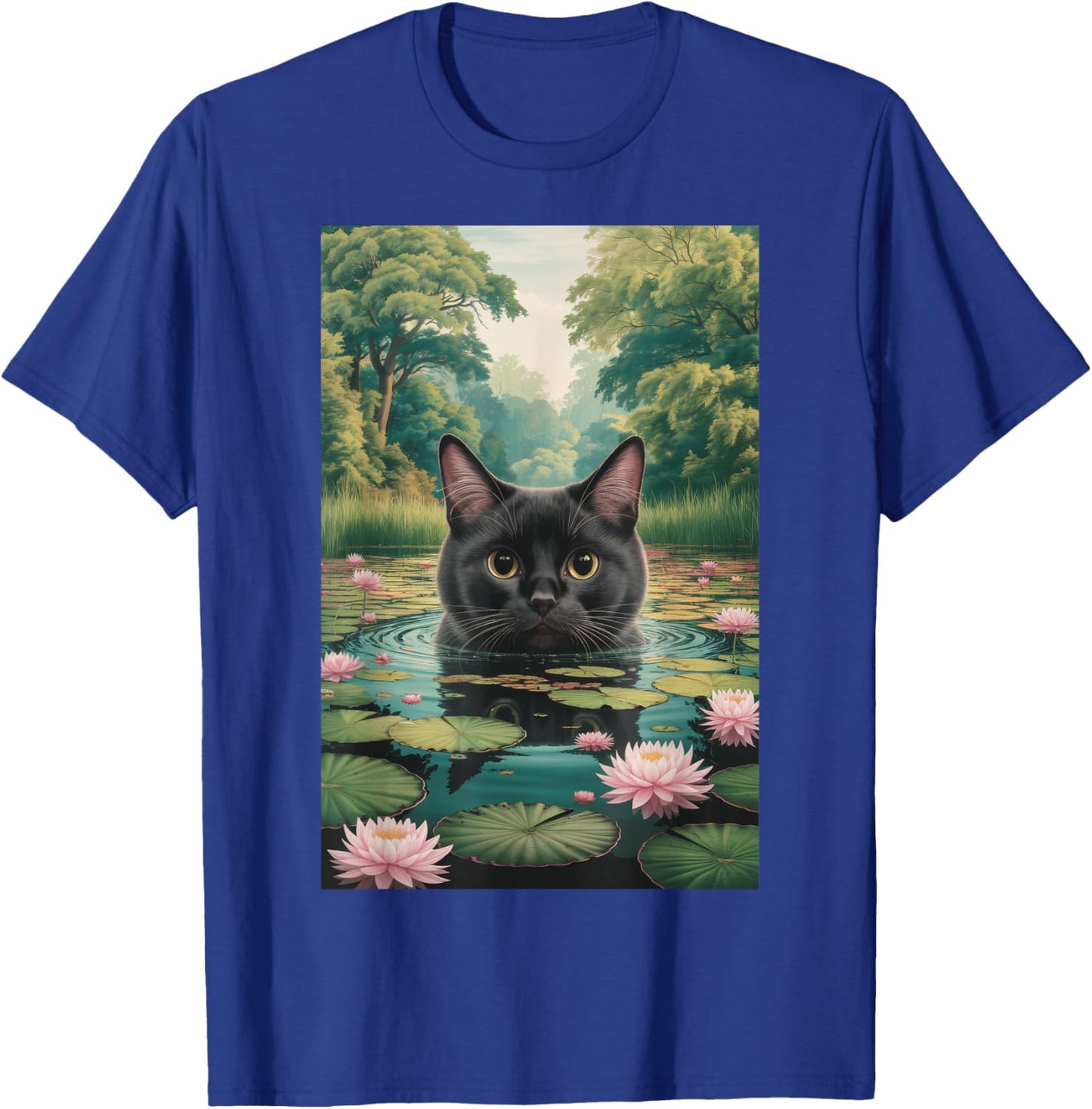 Black Cat Monets Waterlily Painting Art Cat T-Shirt - T-Shirt | Royal