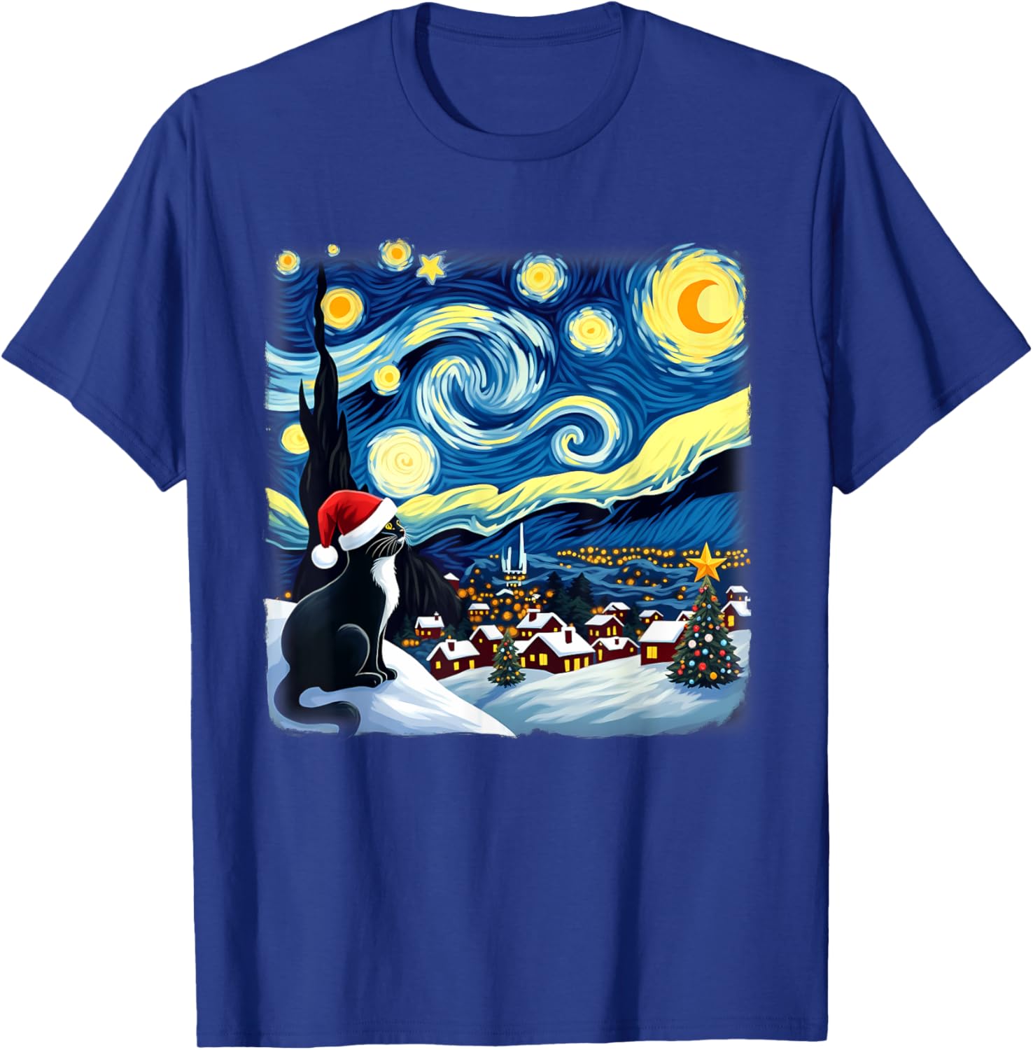 Christmas Tuxedo Cat Starry Night Men Women Kids T-Shirt - T-Shirt | Royal
