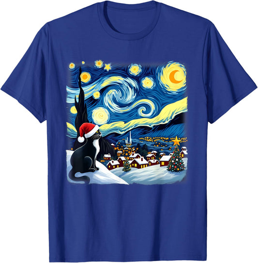 Christmas Tuxedo Cat Starry Night Men Women Kids T-Shirt - T-Shirt | Royal