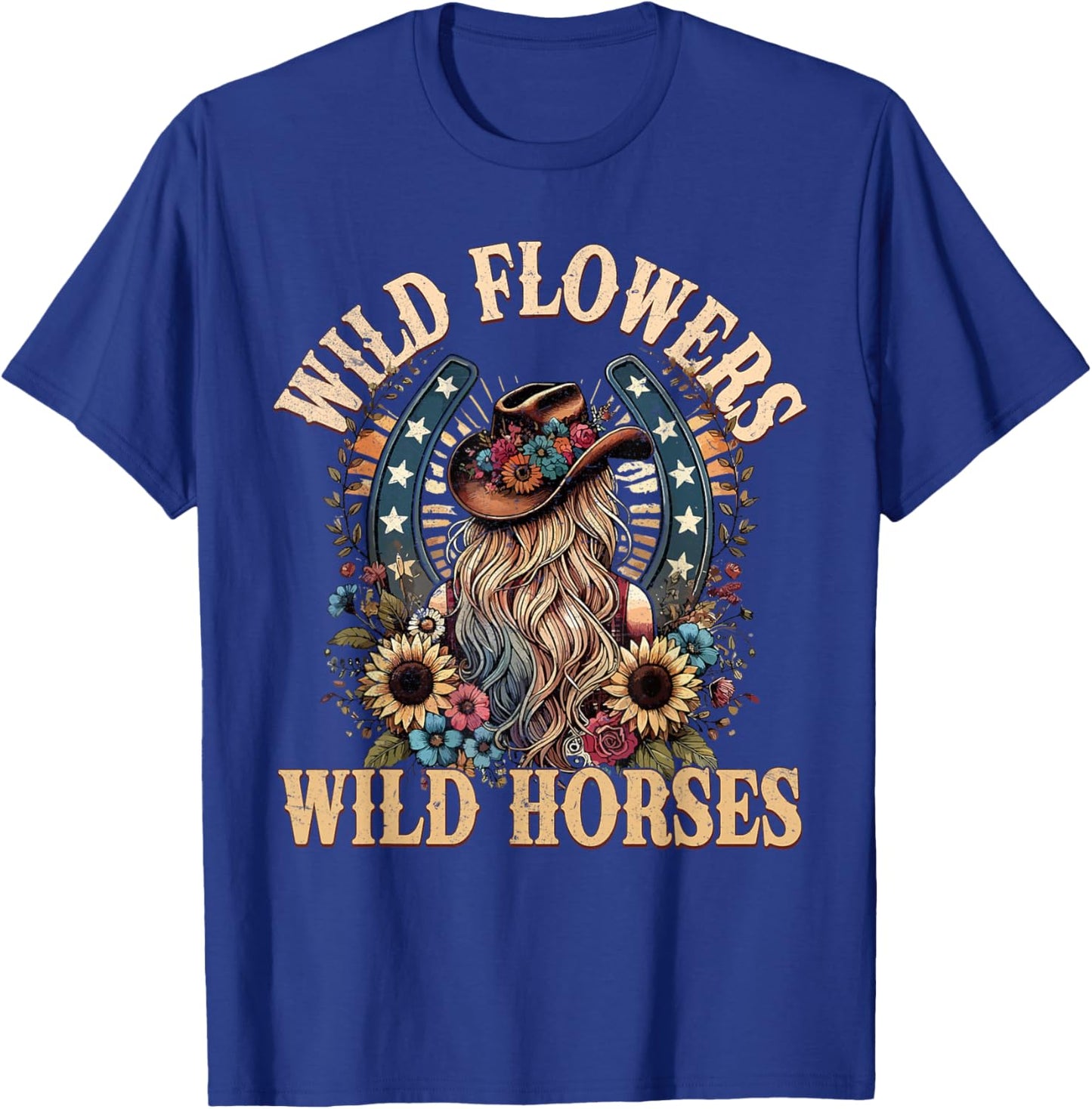Retro Southern Sunset Cowgirl Wild Flowers - Wild Horses T-Shirt - T-Shirt | Royal