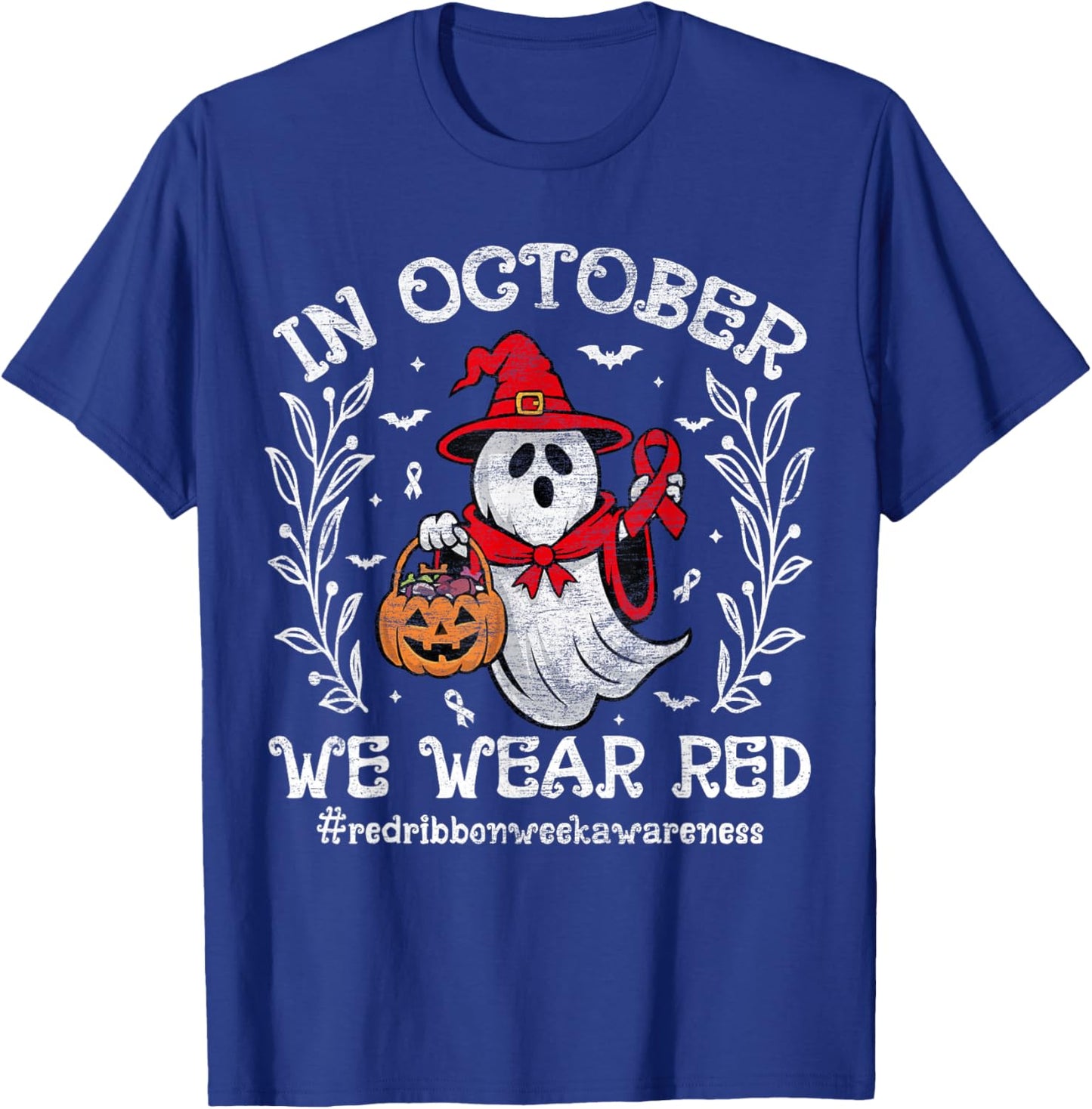In October We Wear Red For Red Ribbon Week Awareness Ghost T-Shirt - T-Shirt | Royal