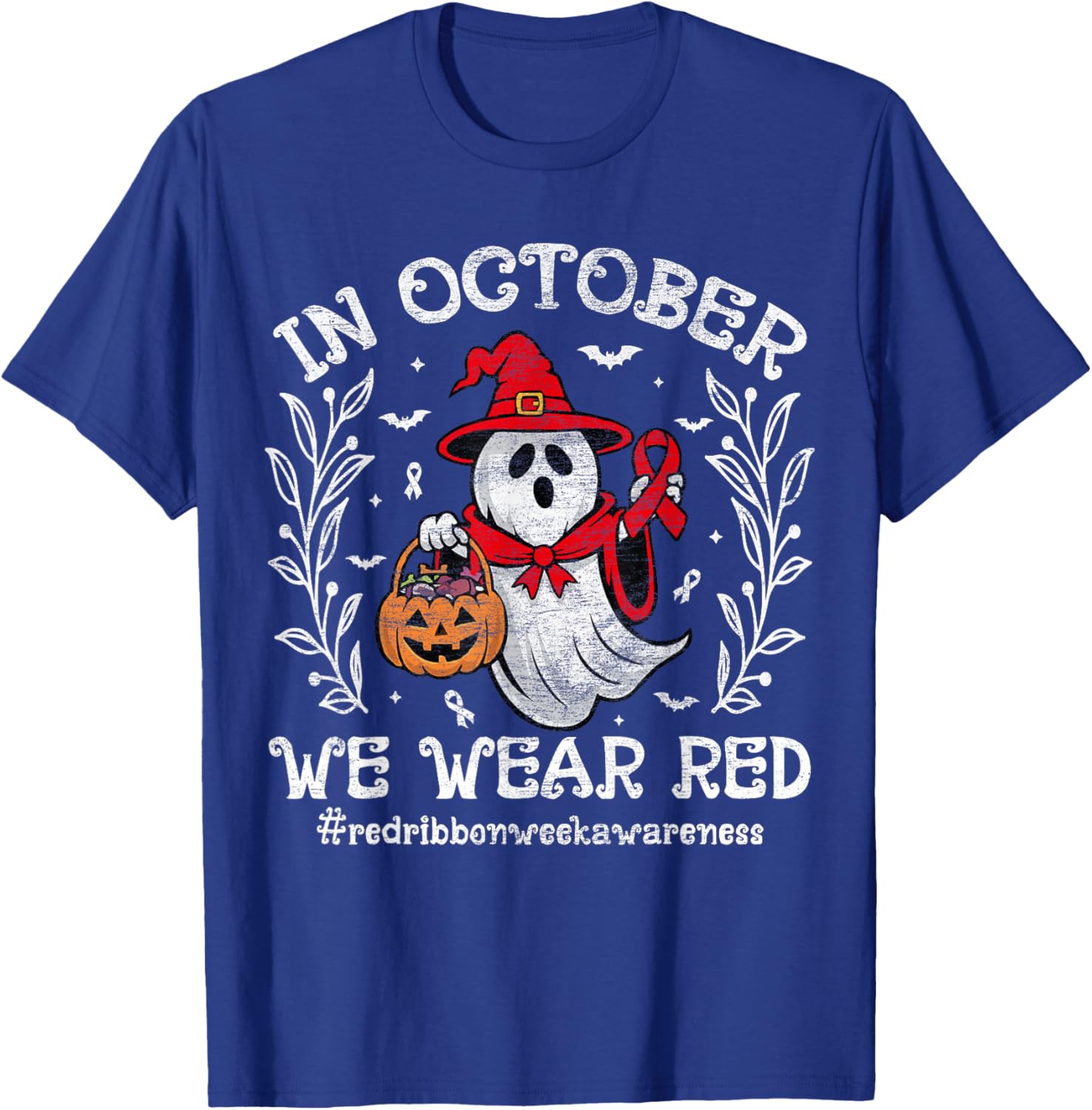 In October We Wear Red For Red Ribbon Week Awareness Ghost T-Shirt - T-Shirt | Royal