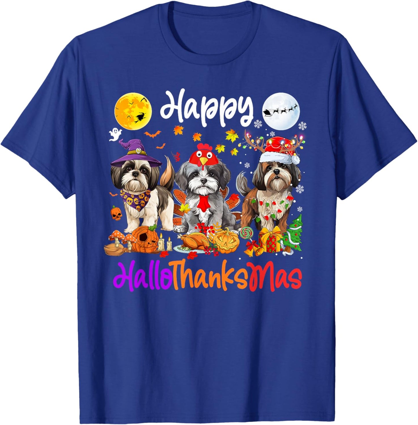 Halloween Thanksgiving Christmas Shih Tzu Dog Hallothanksmas T-Shirt - T-Shirt | Royal