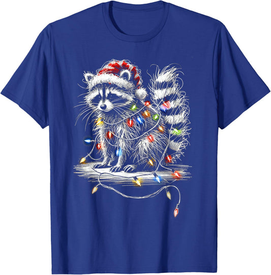 Funny Raccoon Santa Hat Christmas Tree Lights Pajama T-Shirt - T-Shirt | Royal