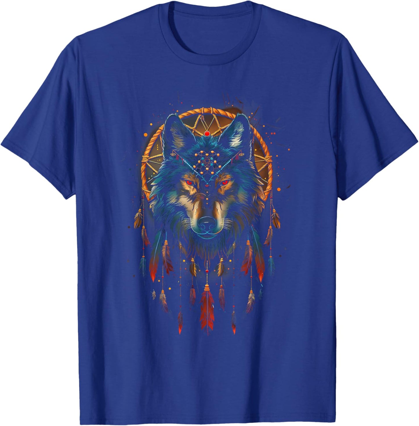 Colorful Mantra Spirit Animal Dreamcatcher Shop Wolf Dreamcatcher Native American Indian Feathers Arts -Adults Black Small Modern Tribal Boho Motif Round Collar Short Sleeve T-Shirt - T-Shirt | Royal
